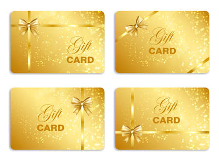 Gift card with gold ribbon set isolated on white background. Vector illustration.のイラスト素材