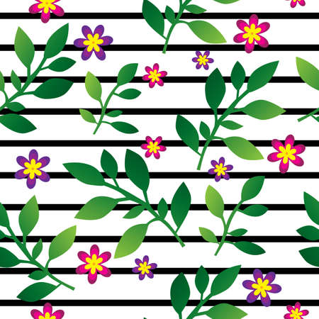 Green leaves and flowers on black lines seamless pattern. Vector illustration.のイラスト素材