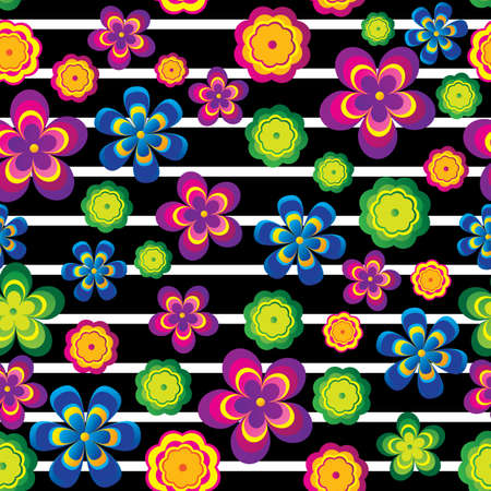 Colorful flowers on black lines seamless pattern. Vector illustration.のイラスト素材