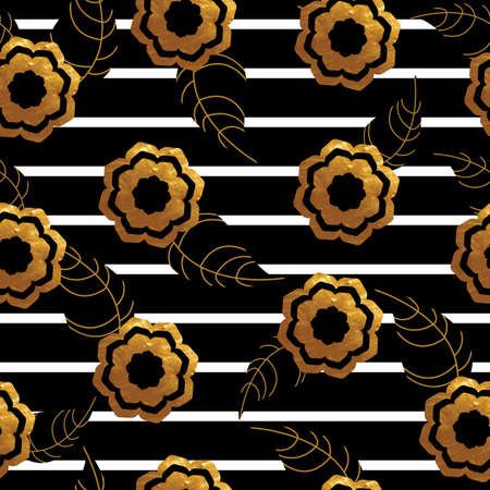 Colorful flowers on black lines seamless pattern. Vector illustration.のイラスト素材