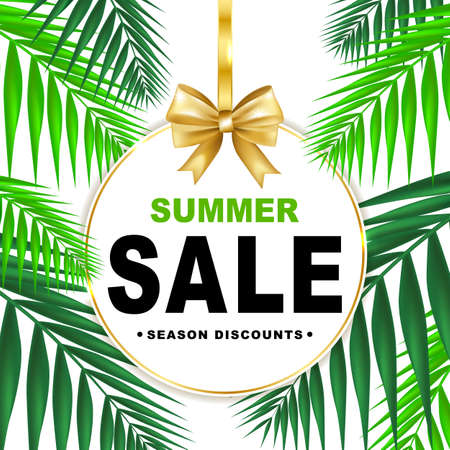 Summer sale season discounts banner with paper badge and palm  leaves. Shop market poster design. Vector illustration.のイラスト素材