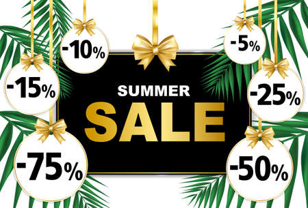 Summer season discounts banner with paper badges and palm  leaves. Shop market poster design. Vector illustration.のイラスト素材