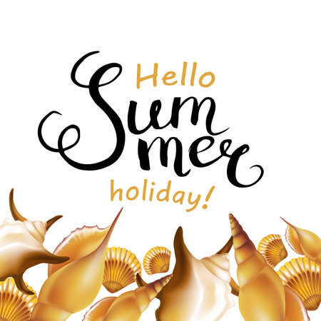 Hello Summer holiday handwritten calligraphy and shells border. Vector Illustration.のイラスト素材