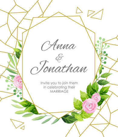 Wedding invitation. Green leaves and flowers geometric frame. Floral background. Vector illustration.のイラスト素材