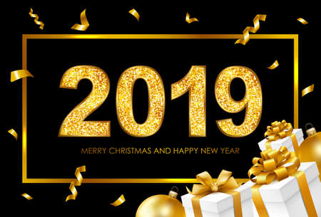 2019 Merry Christmas and Happy New Year card with gift boxes and balls. Vector illustration.のイラスト素材