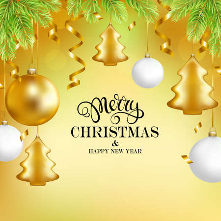 Merry Christmas and Happy New Year card with fir tree, balls and serpentine. Vector illustration.のイラスト素材