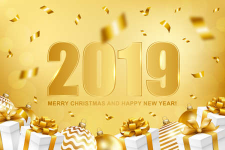 2019 Merry Christmas and Happy New Year card with gifts, balls and confetti. Vector illustration.のイラスト素材