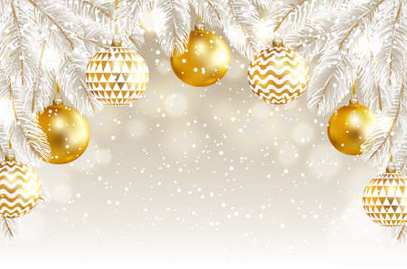Christmas and New Year background with fir tree, gold balls and snow. Vector illustration.のイラスト素材