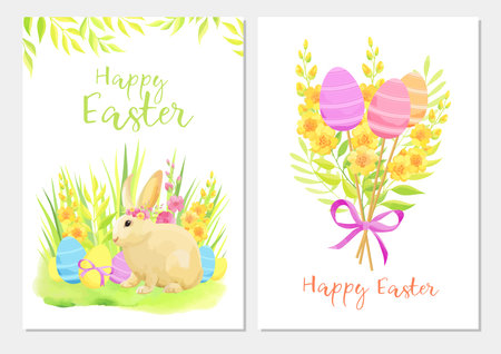 Happy Easter greeting card template set with rabbit, flowers, green leaves and eggs. - Vectorのイラスト素材