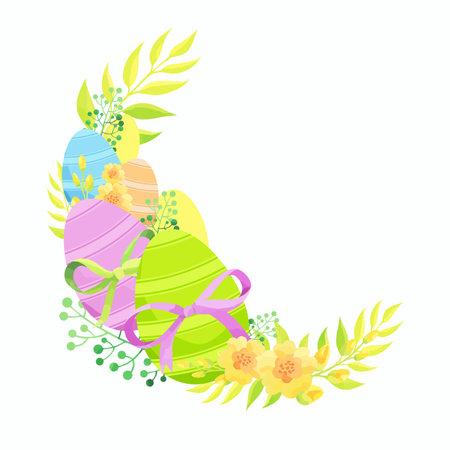 Easter composition with eggs, bows and flowers. Vector illustration.のイラスト素材