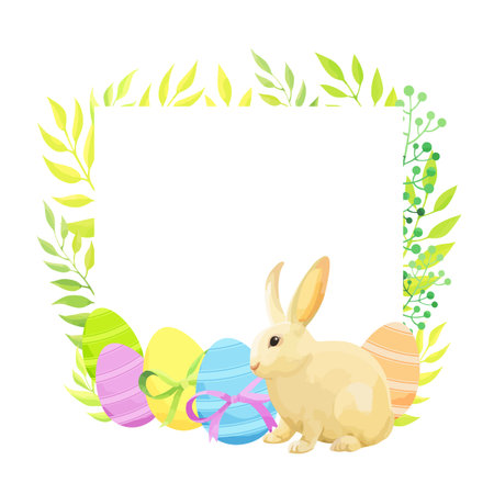 Happy Easter frame template with rabbit, eggs and flowers. - Vectorのイラスト素材