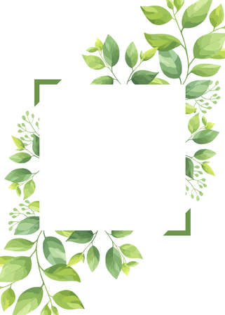 Green leaves frame template. Floral border. Vector illustration.のイラスト素材