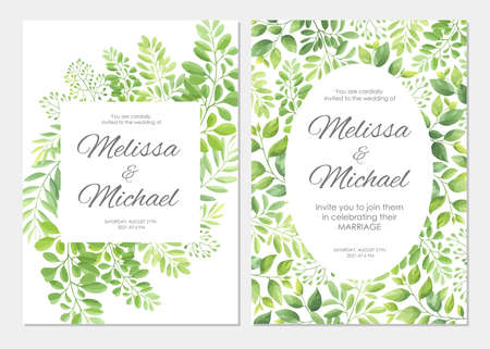 Wedding invitation with green leaves border. Floral invite card template set. Vector illustration.のイラスト素材