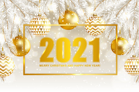2021 Merry Christmas and Happy New Year card with gold balls and fir tree. Vector illustration.