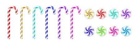 Christmas colorful striped sweets set isolated on white background. Realistic candy cane. Vector illustration.のイラスト素材