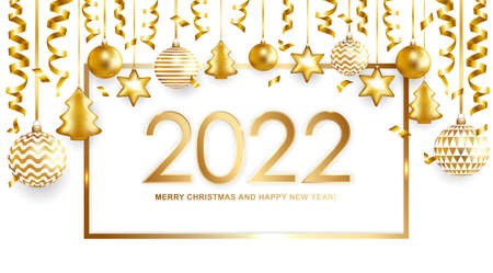 2022 Merry Christmas and Happy New Year card with balls and serpentine. Vector illustration.のイラスト素材