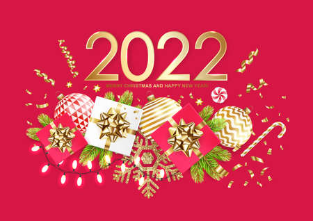 2022 Merry Christmas and Happy New Year banner with gift boxes, golden glitter snowflake, fir tree, sweets, balls, garland and confetti on red background. Vector ilustration.のイラスト素材