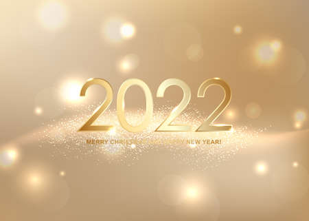 2022 Merry Christmas and Happy New Year card with golden abstract background. Vector illustration.のイラスト素材