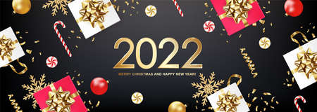 2022 Merry Christmas and Happy New Year banner with white and red gift boxes, golden glitter snowflakes, balls, sweets and confetti on black background. Vector ilustration.のイラスト素材