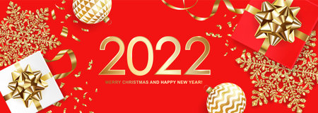 2022 Merry Christmas and Happy New Year banner with gift boxes, golden glitter snowflake, balls and...