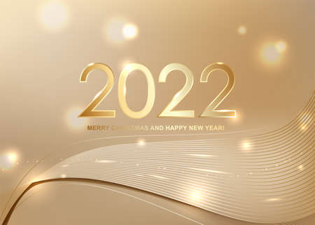 2022 Merry Christmas and Happy New Year card with golden abstract lines waves background. Vector illustration.のイラスト素材