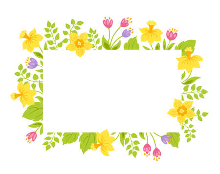 Flowers frame with narcissus, tulips and green leaves. Spring floral border with place for text. vector illustration.のイラスト素材