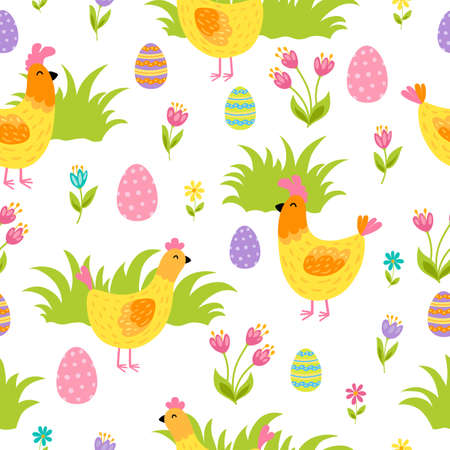 Easter seamless pattern with chickens, grass, eggs and flowers on white background. vector illustration.のイラスト素材
