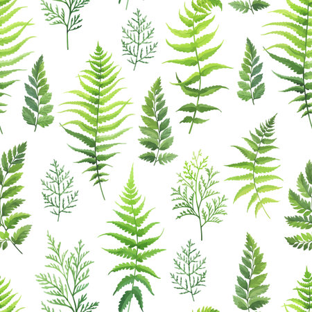 Seamless pattern with green leaves, foliage branches. Forest herbs on white background. floral wallpaper. vector illustration.のイラスト素材