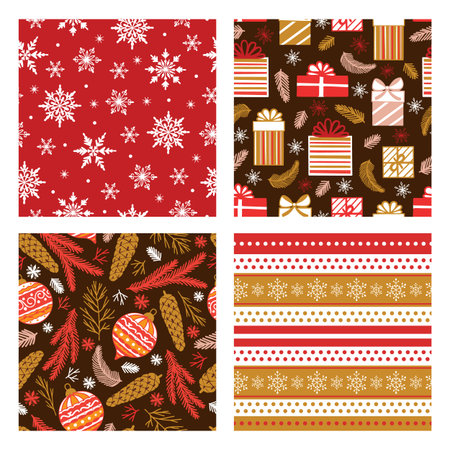 Christmas and New Year seamless patterns set with snowflakes, gifts, balls, floral elements. vector...