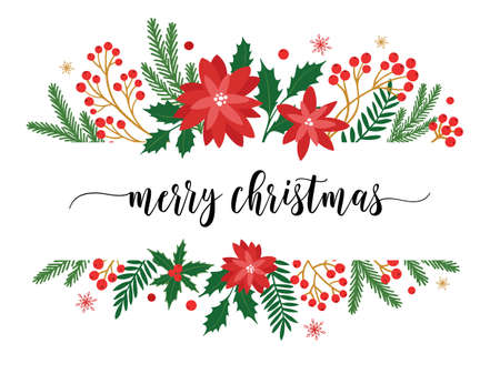 Christmas and New Year horisontal floral frame with poincettia, holly, fir tree, berries, leaves, snowflakes. vector illustration.のイラスト素材
