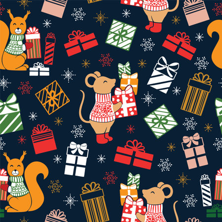 Christmas seamless pattern with cute funny mice, squirrels and gifts. Vector illustration.