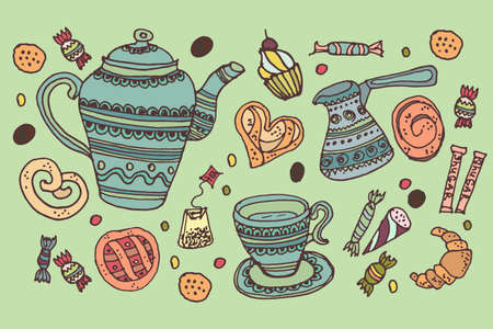 Set of cute hand drawn teacoffee collection. Ornamental teapot, cup and different sweets and buns. Doodle teacoffee time collection. Vectorのイラスト素材