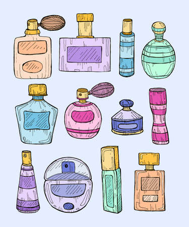 Set of hand drawn perfumes. Vector perfume collection.のイラスト素材