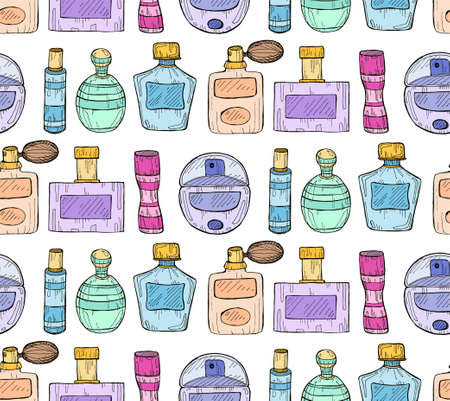Seamless pattern with cute hand drawn perfumes. Vector perfume collection.のイラスト素材