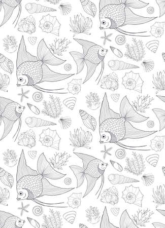 Vector hand drawn seamless pattern with fish, shells and seaweeds. Ocean background.のイラスト素材