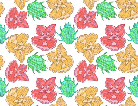 Seamless pattern with cute hand drawn flowers. Vectorのイラスト素材