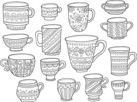 Set of hand drawn cups with cute ornaments. Doodle style. Vectorのイラスト素材