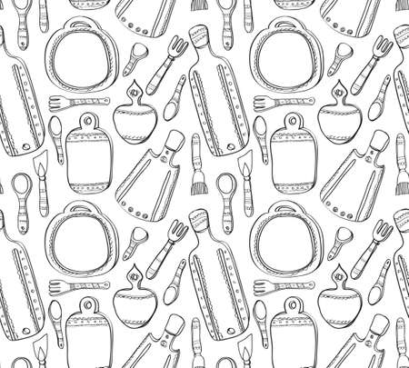 Seamless pattern with cute hand drawn kitchen utensils. Cutting boards, ladles, spoons, spatula. Hand drawn vector background.のイラスト素材