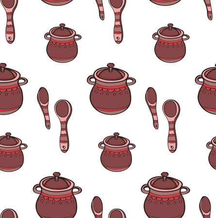 Seamless pattern with cute hand drawn ornate kitchen pans and spoons. Doodles colorful collection. Vectorのイラスト素材