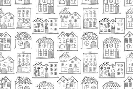 Cute seamless pattern with hand drawn houses. Vector collectionのイラスト素材