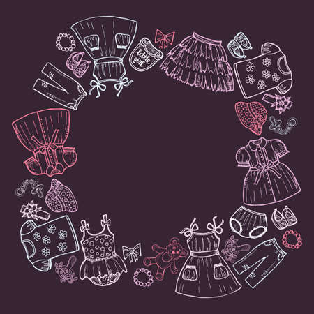 Frame with hand drawn clothes for baby girl including dresses, shirts, shoes, hair clips, skirt, shorts and others. Childish clothes collection. Vectorのイラスト素材
