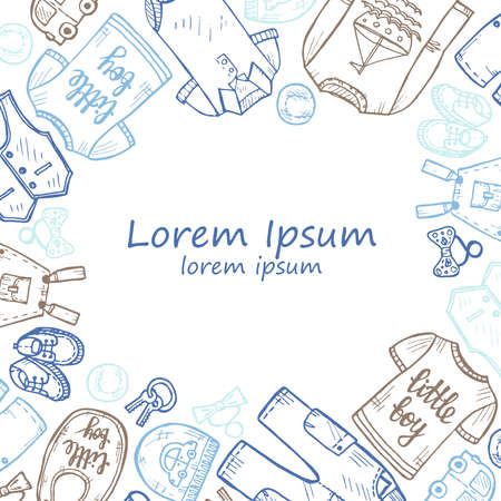 Hand drawn card template with clothes for baby boy including shirt, tie, shoes, shorts, pants, jackets and others. Childish clothes collection. Vectorのイラスト素材