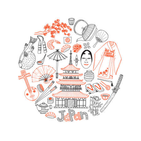Round composition with Japanese related hand drawn icons including sakura, pagoda, teapots, food, kimono, fugu fish and others. Doodle vector Japanese related collectionのイラスト素材