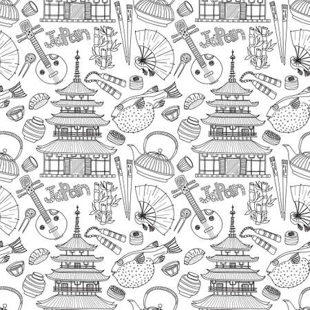 Seamless pattern with Japanese related hand drawn icons including pagoda, teapots, food, fugu fish and others. Doodle vector Japanese related collectionのイラスト素材