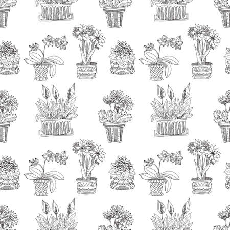 Seamless pattern with cute hand drawn house plants in pots. Vector collection of doodle plantsのイラスト素材