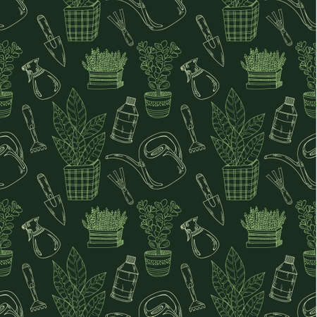 Seamless pattern with hand drawn garden tools and house plants. Vector collectionのイラスト素材