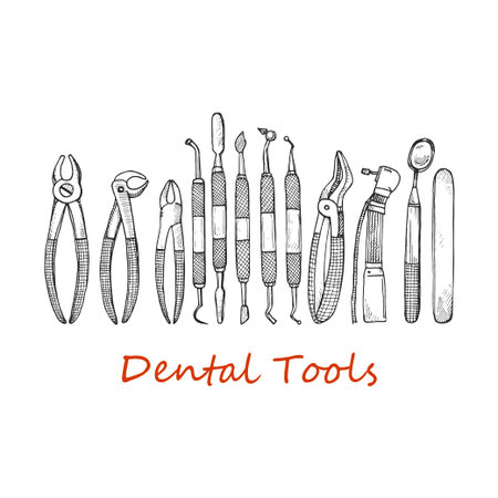Composition with dentist tools and dental care tools. Vector hand drawn dental collectionのイラスト素材