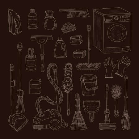 Set of cute hand drawn house cleaning tools. cleaning collectionのイラスト素材