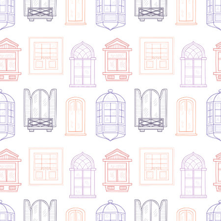 Seamless pattern with cute hand drawn windows  different types. Vintage windows collection