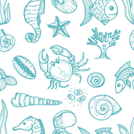 Seamless pattern with cute hand drawn elements of marine theme including fish, shells and others. Hand drawn marine collectionのイラスト素材